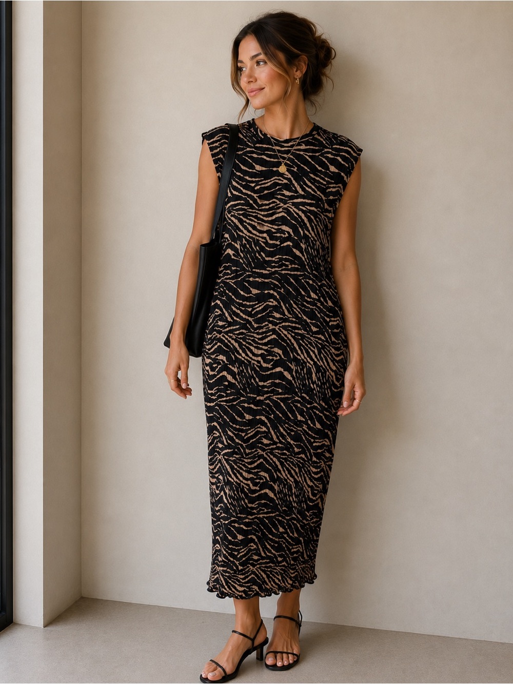 NWOT-Rails Black and Tan Zebra-Print Sleeveless Midi Dress, can fit S & M